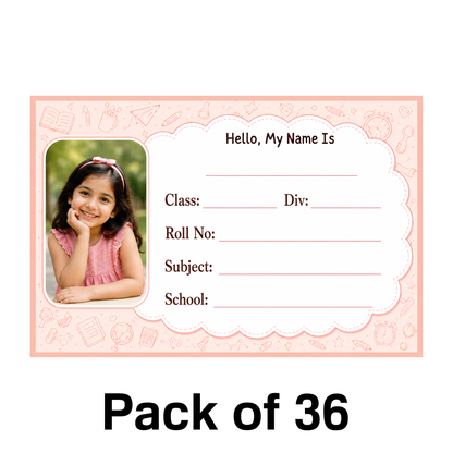 Custom Photo School Name Labels – 7.62 × 5.08 cm (3 × 2 Inch) Personalized Waterproof Kids Notebook Stickers for School Books, Water Bottles & Accessories | Elegant Pink School Theme Pack of 36