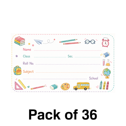 Kids School Name Labels – 7.62 × 4.32 cm (3 × 1.7 Inch) Waterproof Notebook Stickers for School Books, Water Bottles & Accessories | Cute Stationery Theme Pack of 36