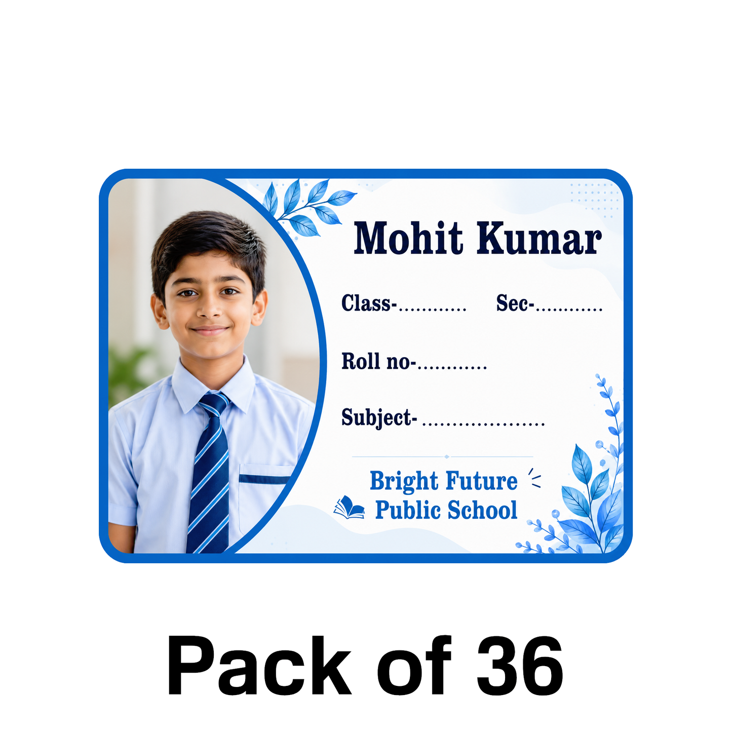 Custom Photo School Name Labels – 7.62 × 5.59 cm (3 × 2.2 Inch) Personalized Waterproof Notebook Stickers for Kids School Books, Water Bottles & Accessories | Premium Blue Theme Pack of 36