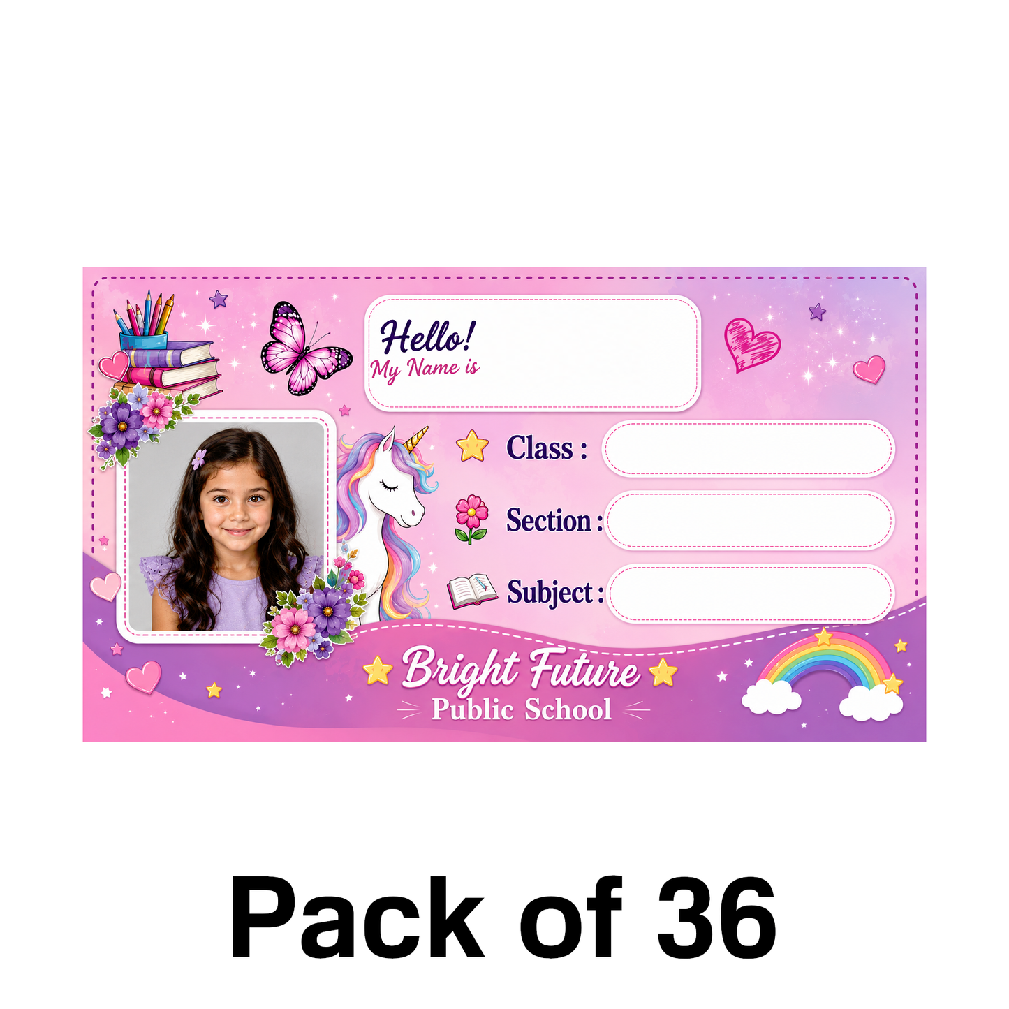 Custom Photo Unicorn School Name Labels – 7.62 × 4.32 cm (3 × 1.7 Inch) Personalized Waterproof Kids Notebook Stickers for School Books, Water Bottles & Accessories | Pink Fantasy Theme Pack of 36