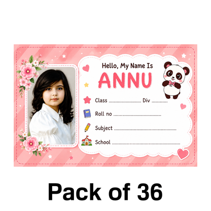 Custom Photo Panda School Name Labels – 7.62 × 5.08 cm (3 × 2 Inch) Personalized Waterproof Kids Notebook Stickers for School Books, Water Bottles & Accessories | Cute Pink Panda Theme Pack of 36