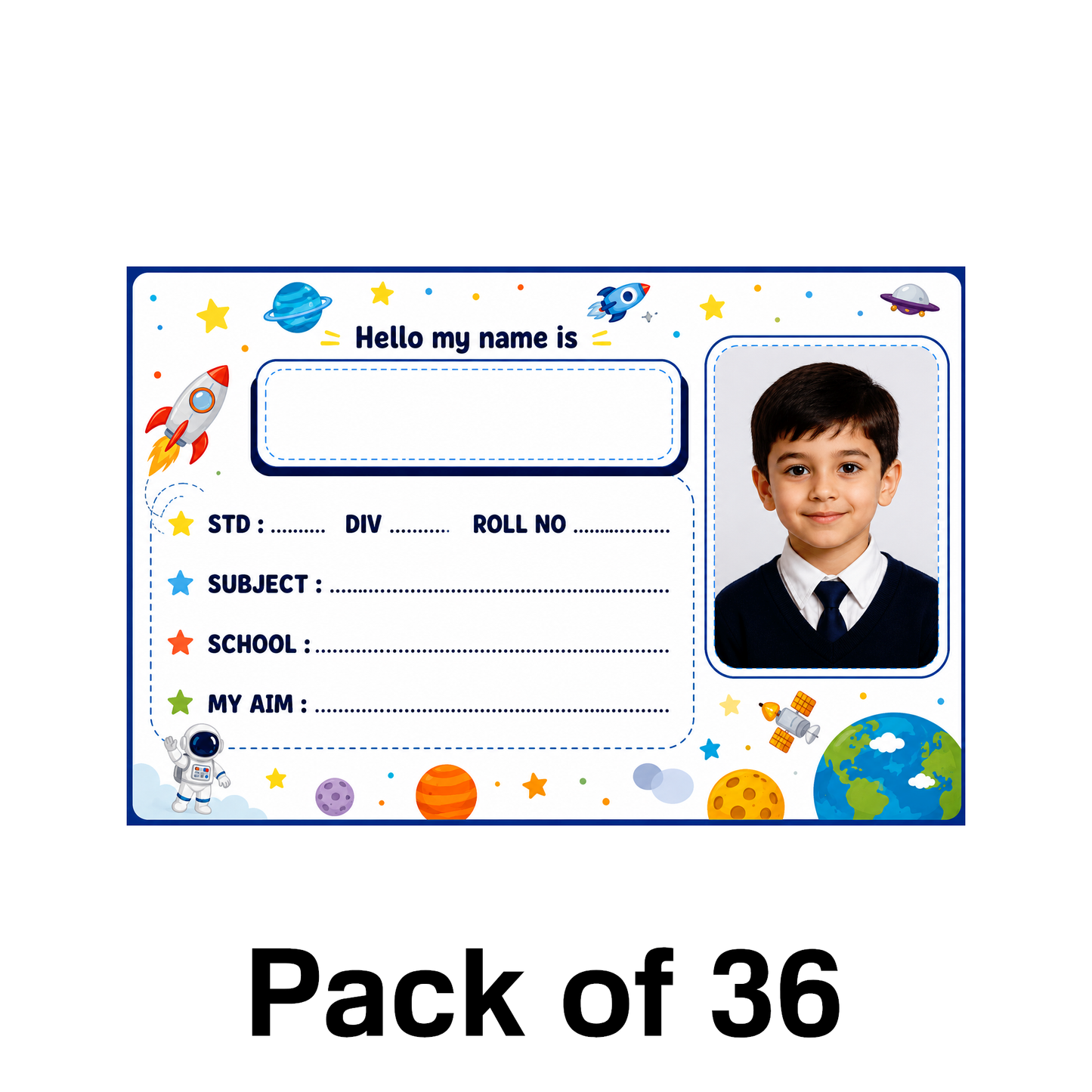 Custom Photo Space Theme School Name Labels – 7.62 × 5.08 cm (3 × 2 Inch) Personalized Waterproof Kids Notebook Stickers for School Books, Water Bottles & Accessories | Rocket & Galaxy Design Pack of 36