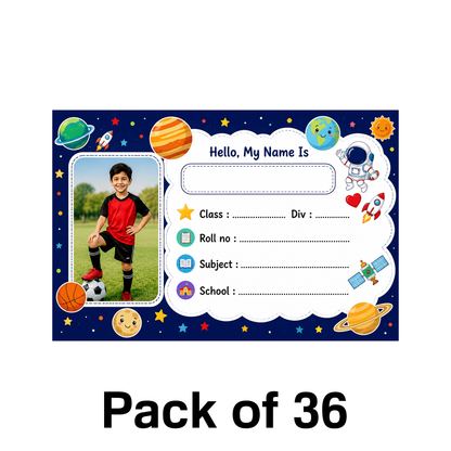 Custom Photo Space Theme School Name Labels – 7.62 × 5.08 cm (3 × 2 Inch) Personalized Waterproof Kids Notebook Stickers with Photo for School Books, Water Bottles & Accessories | Galaxy & Astronaut Design Pack of 36