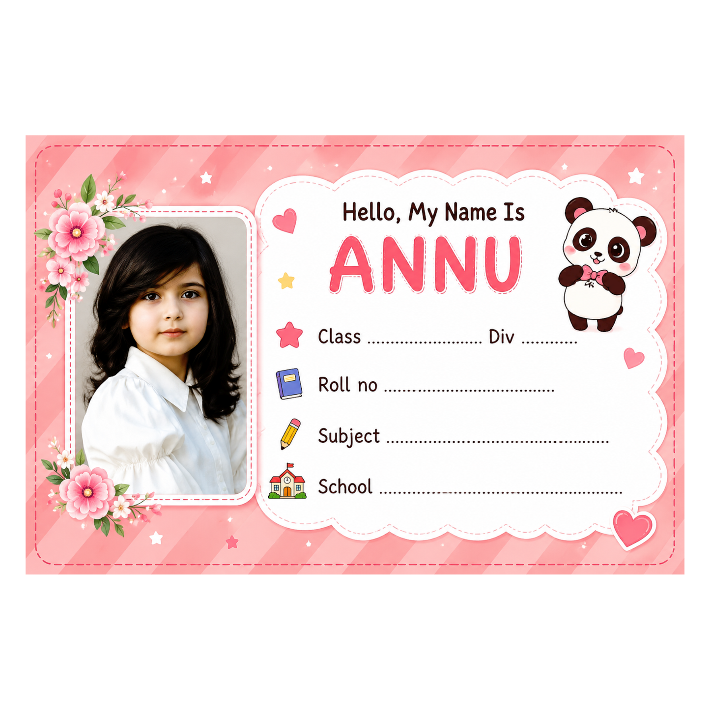 Custom Photo Panda School Name Labels – 7.62 × 5.08 cm (3 × 2 Inch) Personalized Waterproof Kids Notebook Stickers for School Books, Water Bottles & Accessories | Cute Pink Panda Theme Pack of 36