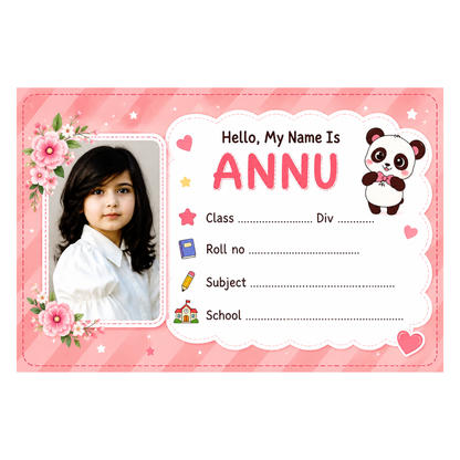 Custom Photo Panda School Name Labels – 7.62 × 5.08 cm (3 × 2 Inch) Personalized Waterproof Kids Notebook Stickers for School Books, Water Bottles & Accessories | Cute Pink Panda Theme Pack of 36