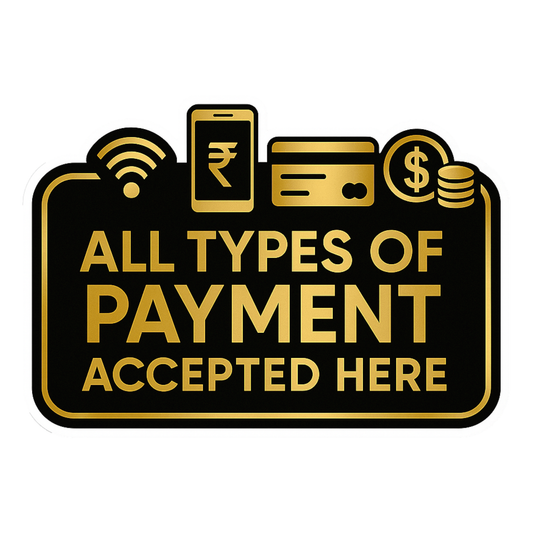 Smeeps All Types of Payment Accepted Sticker – 21.34 x 15.24 cm Gold & Black Payment Sign | Waterproof, Durable & High-Visibility Vinyl