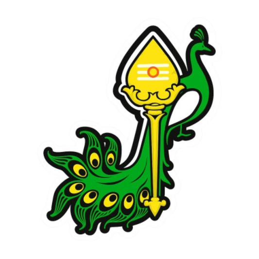 Smeeps Green Peacock with Yellow Vel Sticker | 20.32 x 12.7 cm | Devotional Car Sticker