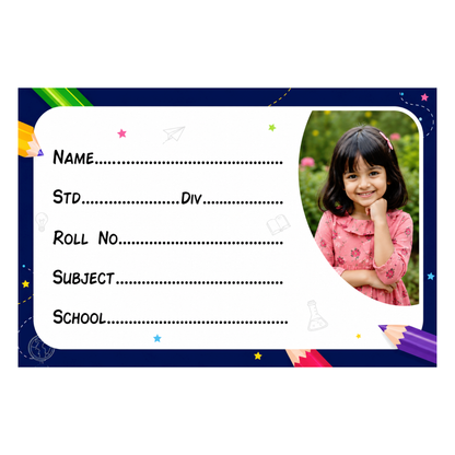 Custom Photo School Name Labels – 7.62 × 5.08 cm (3 × 2 Inch) Personalized Waterproof Kids Notebook Stickers for School Books, Water Bottles & Accessories | Creative Pencil Theme Pack of 36