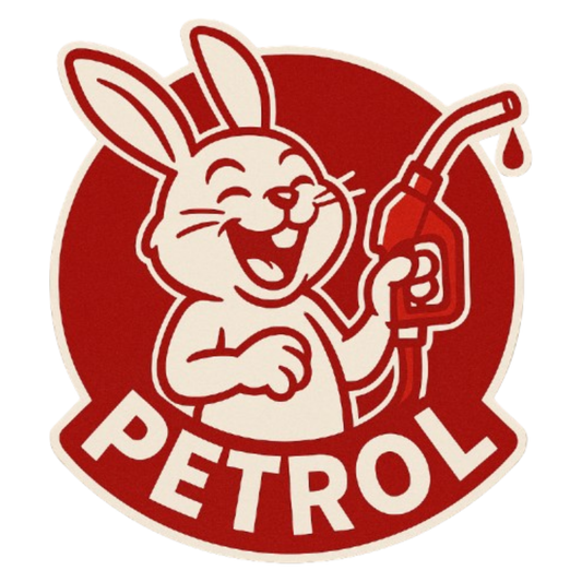 Smeeps Petrol Bunny Sticker – 8.4 x 7.8 cm Funny Car Decal with Retro Rabbit & Fuel Pump | Bold Red Design for Automotive Use Only