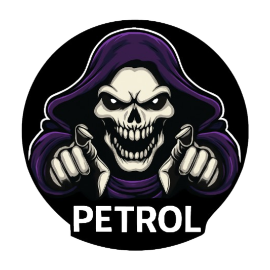 Smeeps Petrol Skull Sticker – 7.8 x 7.8 cm Round Car Decal with Grim Reaper Design | Bold Black & Purple Look | For Automotive Use Only