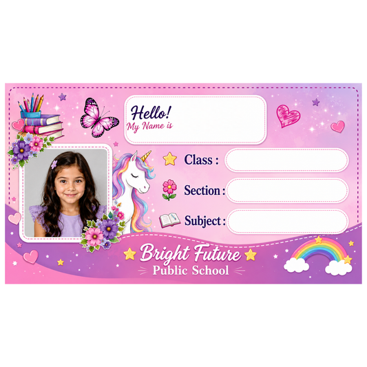 Custom Photo Unicorn School Name Labels – 7.62 × 4.32 cm (3 × 1.7 Inch) Personalized Waterproof Kids Notebook Stickers for School Books, Water Bottles & Accessories | Pink Fantasy Theme Pack of 36