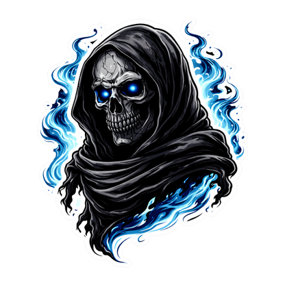 Smeeps Grim Reaper Skull Vinyl Sticker – 10.16 × 8.39 cm (4 × 3.3 Inch) Waterproof Horror Bike Decal for Helmet, Motorcycle, Car & Laptop | Gothic Blue Flame Design | Pack of 1