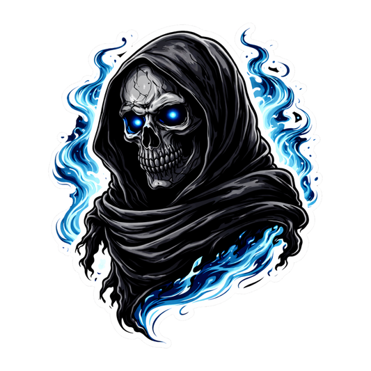 Smeeps Grim Reaper Skull Vinyl Sticker – 10.16 × 8.39 cm (4 × 3.3 Inch) Waterproof Horror Bike Decal for Helmet, Motorcycle, Car & Laptop | Gothic Blue Flame Design | Pack of 1