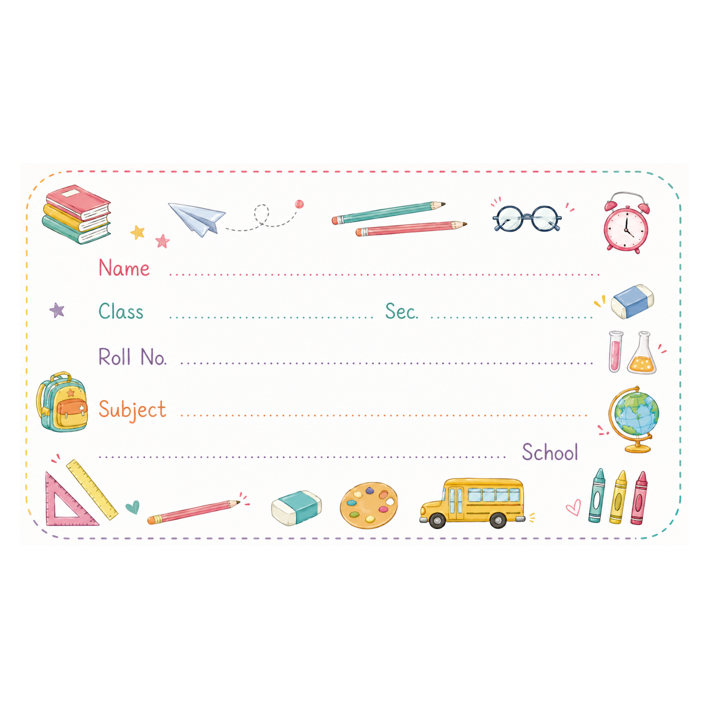 Kids School Name Labels – 7.62 × 4.32 cm (3 × 1.7 Inch) Waterproof Notebook Stickers for School Books, Water Bottles & Accessories | Cute Stationery Theme Pack of 36
