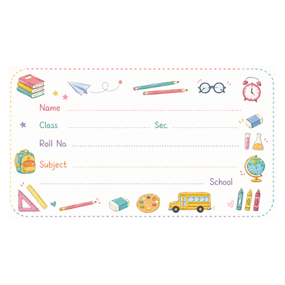 Kids School Name Labels – 7.62 × 4.32 cm (3 × 1.7 Inch) Waterproof Notebook Stickers for School Books, Water Bottles & Accessories | Cute Stationery Theme Pack of 36
