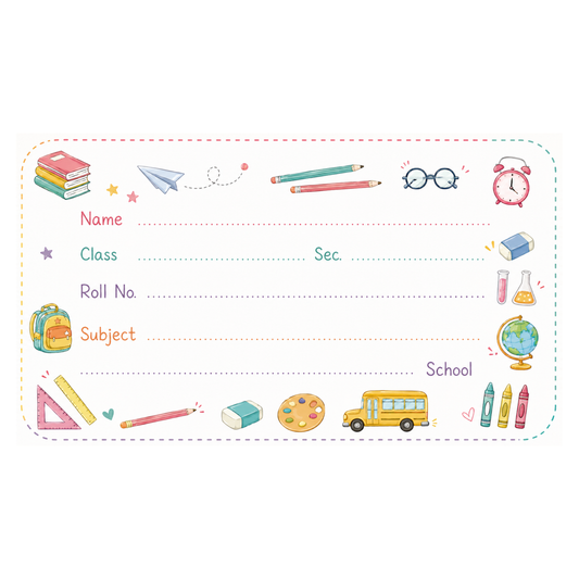 Kids School Name Labels – 7.62 × 4.32 cm (3 × 1.7 Inch) Waterproof Notebook Stickers for School Books, Water Bottles & Accessories | Cute Stationery Theme Pack of 36