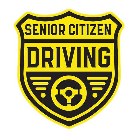 Smeeps Senior Citizen Driving Sticker – 12 x 13 cm Shield Shape Design with Steering Wheel Graphic | Bright Yellow Vinyl Car Safety Decal | Waterproof & Fade Resistant