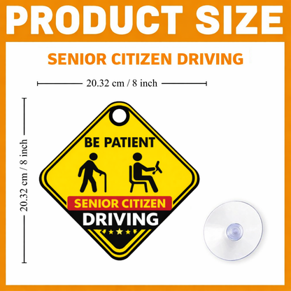 Smeeps Senior Citizen Driving Hanging Sign – 20.32 × 20.32 cm (8 × 8 Inch) Waterproof Safety Car Hanging Board with Suction Cup | Be Patient Elderly Driver Warning Sign