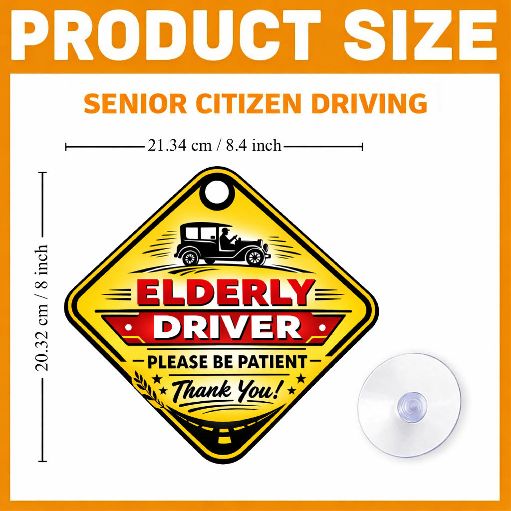 Smeeps Elderly Driver Hanging Sign – 20.32 × 21.34 cm (8 × 8.4 Inch) Waterproof Senior Citizen Driving Safety Car Hanging Board with Suction Cup | Please Be Patient Vehicle Warning Sign