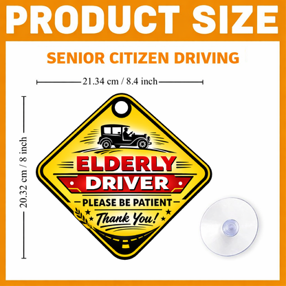 Smeeps Elderly Driver Hanging Sign – 20.32 × 21.34 cm (8 × 8.4 Inch) Waterproof Senior Citizen Driving Safety Car Hanging Board with Suction Cup | Please Be Patient Vehicle Warning Sign
