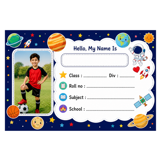 Custom Photo Space Theme School Name Labels – 7.62 × 5.08 cm (3 × 2 Inch) Personalized Waterproof Kids Notebook Stickers with Photo for School Books, Water Bottles & Accessories | Galaxy & Astronaut Design Pack of 36