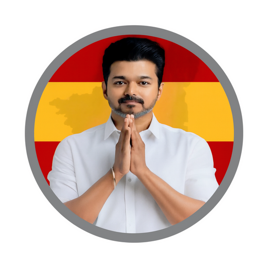 Smeeps TVK Leader Greetings Sticker – 11.43 x 11.43 cm Round Vinyl Decal | Greeting Pose with Red–Yellow Background | Waterproof & Durable