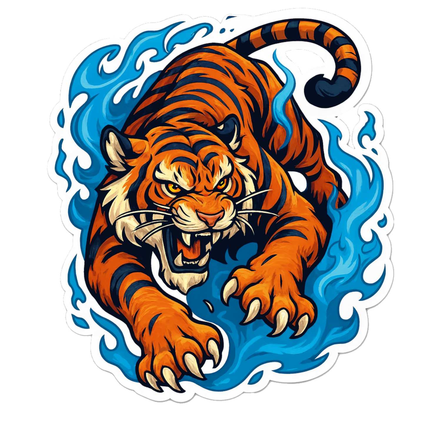 Smeeps Attacking Tiger Sticker – 13.97 x 12.20 cm Car & Bike Vinyl Decal | Fierce Jungle Beast Design with Blue Wave Effect | Waterproof & Durable