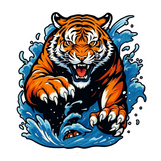 Smeeps Fierce Tiger Sticker – 13.97 x 13.21 cm Car & Bike Vinyl Decal | Powerful Attack Pose with Blue Water Splash | Waterproof & Durable