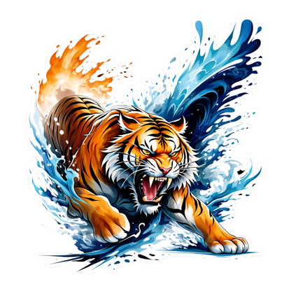 Smeeps Roaring Tiger Vinyl Sticker – 11.43 × 10.42 cm (4.5 × 4.1 Inch) Waterproof Animal Bike Decal for Helmet, Motorcycle, Car & Laptop | Fire and Water Tiger Design | Pack of 1