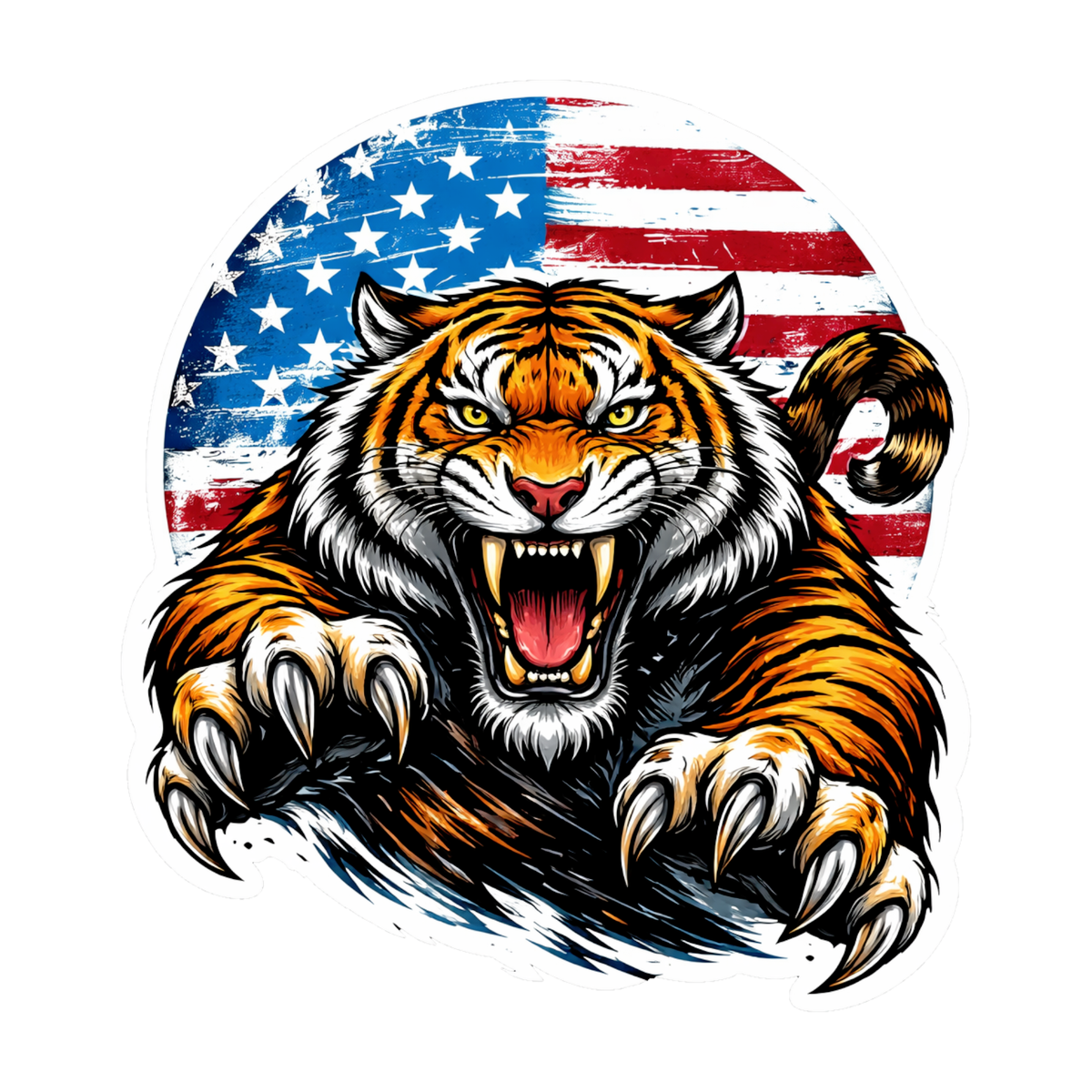 Smeeps Angry Tiger USA Flag Vinyl Sticker – 10.16 × 9.15 cm (4 × 3.6 Inch) Waterproof Tiger Bike Decal for Helmet, Motorcycle, Car & Laptop | American Flag Animal Design | Pack of 1