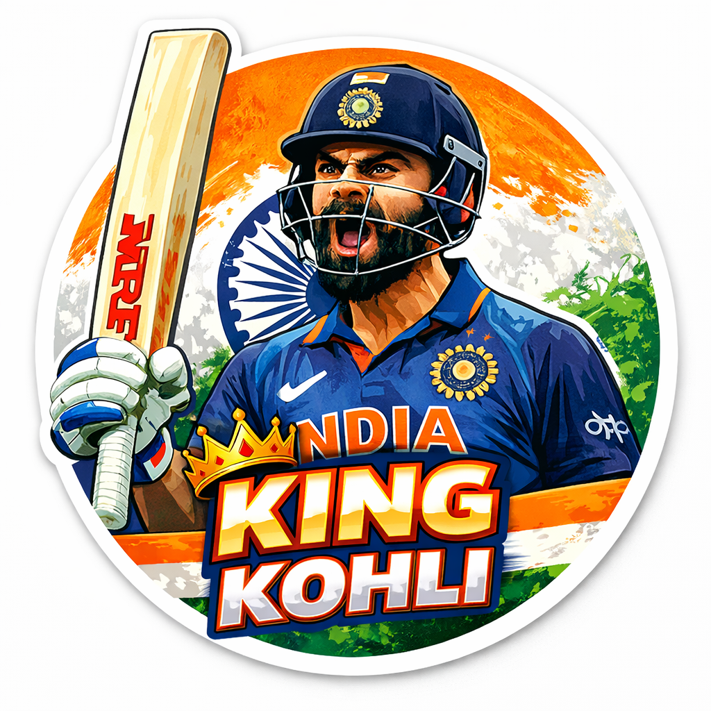 Smeeps King Kohli Virat Sticker – 10.16 × 10.16 cm (4 × 4 Inch) Round Car & Bike Vinyl Decal | Indian Cricket Icon Design | Waterproof UV Resistant