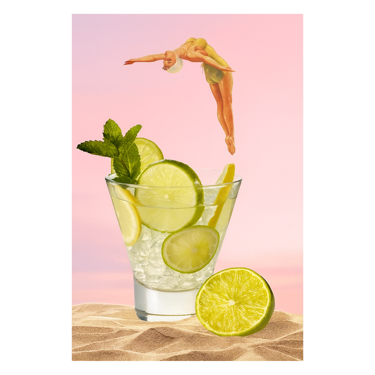 Smeeps Summer Refresh Wall Poster – Artistic Lime Drink & Diver Concept Art | Modern Aesthetic Room Décor | 30.48 x 45.72 cm Premium Wall Print