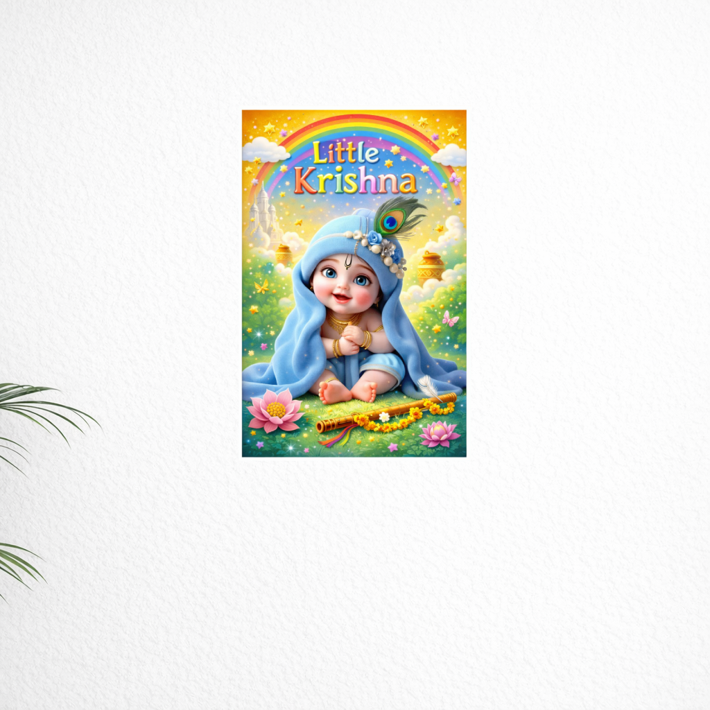Smeeps Little Krishna Wall Poster – 20.32 × 13.21 cm (8 × 5.2 Inch) Cute Bal Krishna Decorative Poster | 300 GSM Non-Adhesive Kids Room & Nursery Wall Decor Poster for Home, Temple & Baby Room | Pack of 1