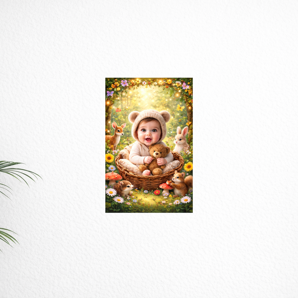 Smeeps Cute Baby Forest Theme Wall Poster – 20.32 × 13.21 cm (8 × 5.2 Inch) Kids Nursery Decorative Poster with Baby, Teddy Bear & Animal Theme | 300 GSM Non-Adhesive Wall Decor Poster for Baby Room & Playroom | Pack of 1