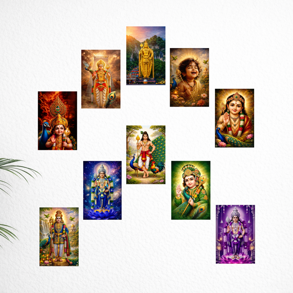 Smeeps Lord Murugan A4 Wall Poster Set – 29.7 × 21 cm (11.69 × 8.27 Inch) Premium Art Print | 300 GSM Thick Paper | NOT GUMMING | Waterproof UV Resistant Wash Proof | Pack of 10