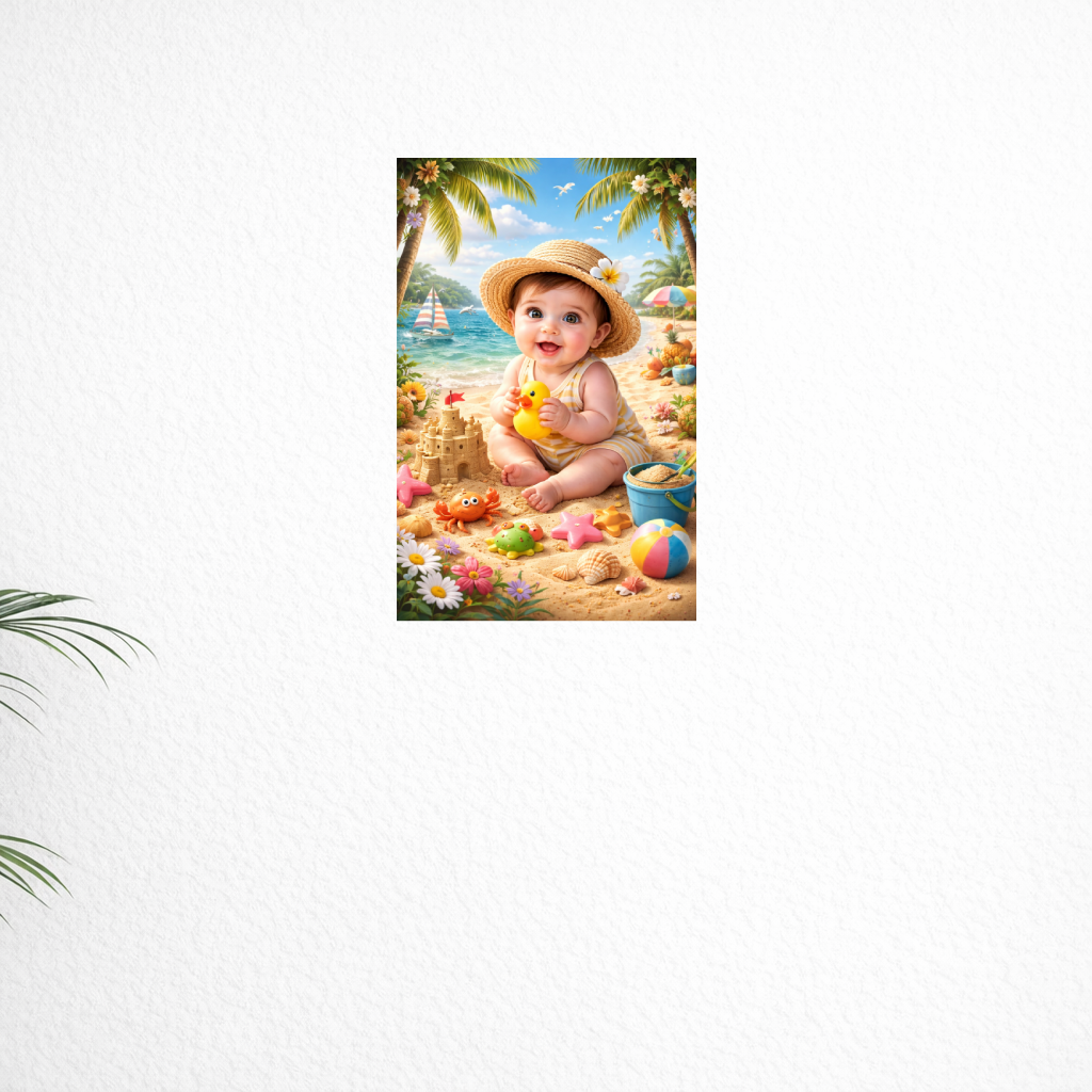 Smeeps Cute Beach Baby Wall Poster – 20.32 × 13.21 cm (8 × 5.2 Inch) Tropical Summer Theme Kids Decorative Poster | 300 GSM Non-Adhesive Nursery & Baby Room Wall Decor Poster for Home, Playroom & Daycare | Pack of 1