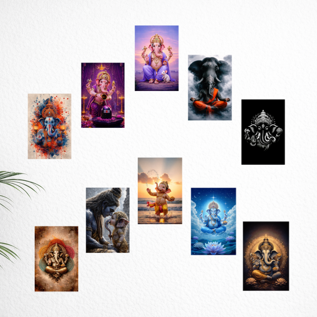 Smeeps Lord Ganesha A4 Wall Poster Set – 29.7 × 21 cm (11.69 × 8.27 Inch) Premium Art Print | 300 GSM Thick Paper | NOT GUMMING | Waterproof UV Resistant Wash Proof | Pack of 10