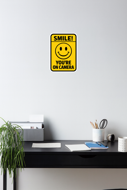 Smeeps Smile You’re On Camera Sticker – 20.32 × 14.23 cm (8 × 5.6 Inch) Waterproof Vinyl CCTV Warning Sign | Security Camera Notice Decal | UV Resistant Washproof Office Door Sticker | Pack of 1