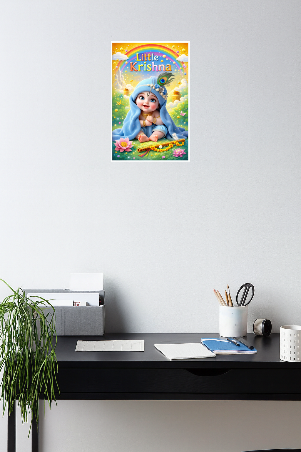 Smeeps Little Krishna Wall Poster – 20.32 × 13.21 cm (8 × 5.2 Inch) Cute Bal Krishna Decorative Poster | 300 GSM Non-Adhesive Kids Room & Nursery Wall Decor Poster for Home, Temple & Baby Room | Pack of 1