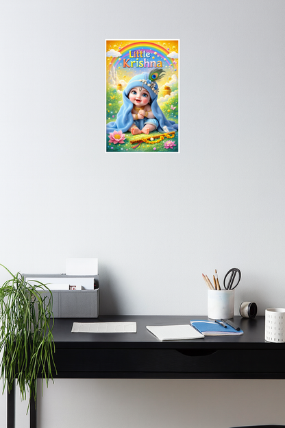 Smeeps Little Krishna Wall Poster – 20.32 × 13.21 cm (8 × 5.2 Inch) Cute Bal Krishna Decorative Poster | 300 GSM Non-Adhesive Kids Room & Nursery Wall Decor Poster for Home, Temple & Baby Room | Pack of 1