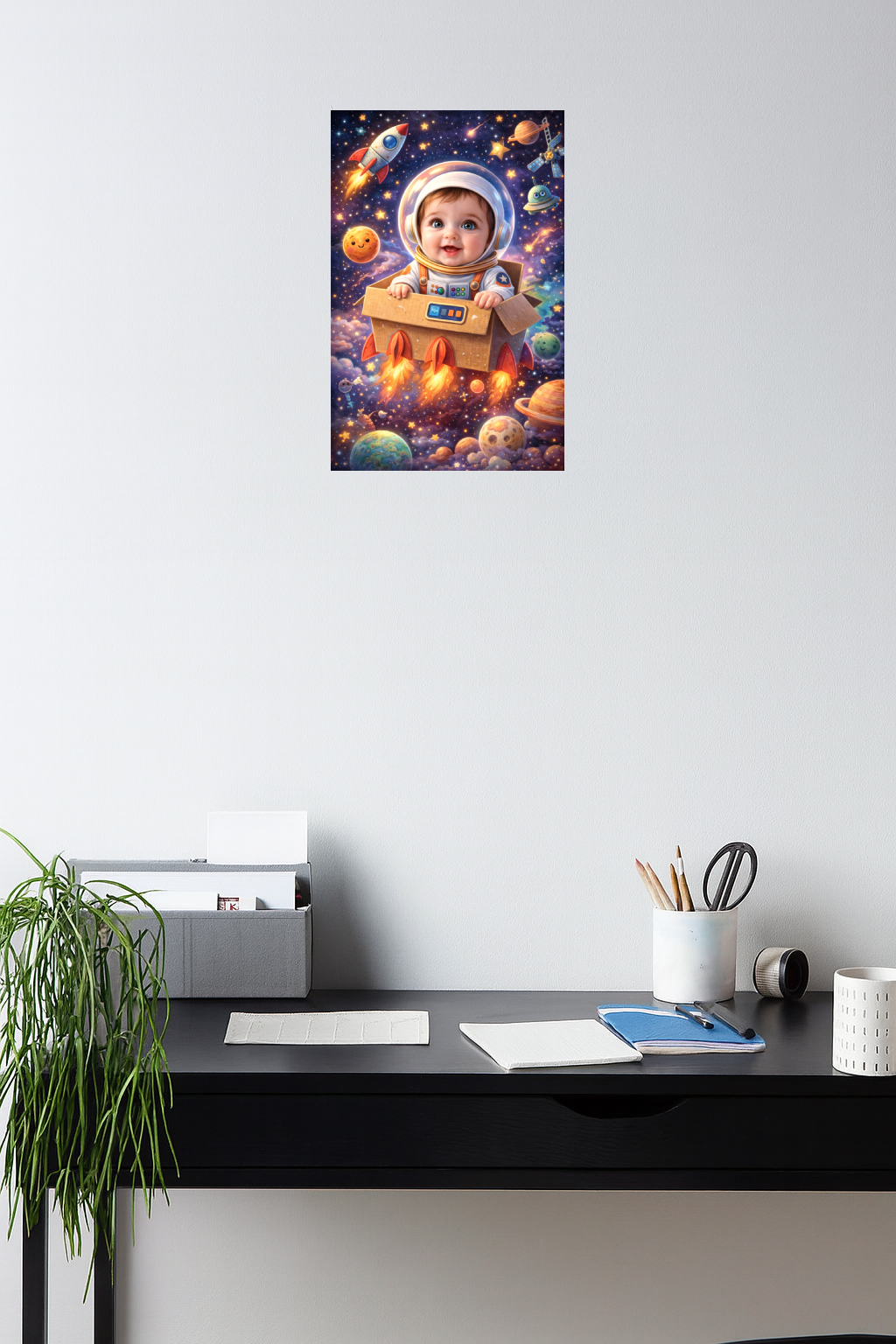 Smeeps Space Baby Wall Poster – 20.32 × 13.21 cm (8 × 5.2 Inch) Cute Astronaut Galaxy Theme Kids Decorative Poster | 300 GSM Non-Adhesive Nursery & Baby Room Wall Decor Poster for Home, Playroom & Daycare | Pack of 1