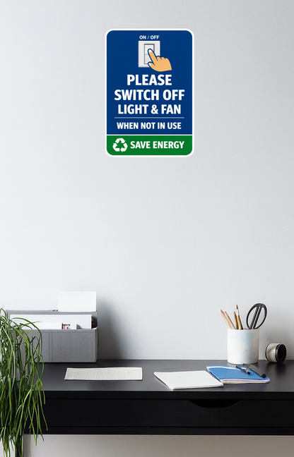 Smeeps Please Switch Off Light & Fan Sticker – 20.32 × 14 cm (8 × 5.5 Inch) Waterproof Vinyl Energy Saving Notice Sign | UV Resistant Washproof Office & Home Awareness Sticker | Pack of 1
