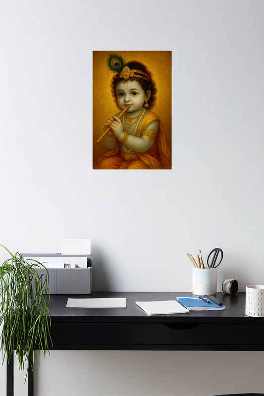 Smeeps Bal Krishna Wall Poster – Divine Laddu Gopal Playing Flute Artwork | 30.48 x 45.72 cm Spiritual Home & Pooja Room Décor