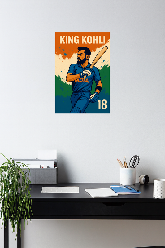 Smeeps King Kohli Cricket Wall Poster – Stylish Batsman Artwork with India Jersey & Number 18 | 30.48 x 45.72 cm Premium Sports Room Décor