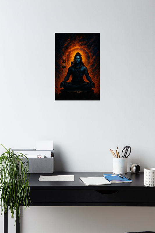 Smeeps Mahadev Meditation Wall Poster – Lord Shiva Cosmic Fire Aura Artwork with Trishul | 30.48 x 45.72 cm Spiritual Yoga & Home Décor