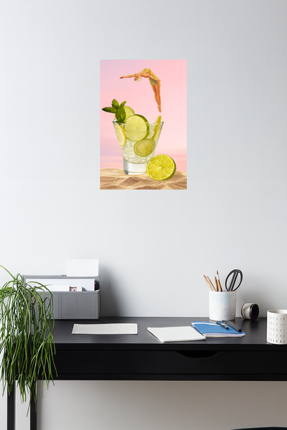 Smeeps Summer Refresh Wall Poster – Artistic Lime Drink & Diver Concept Art | Modern Aesthetic Room Décor | 30.48 x 45.72 cm Premium Wall Print