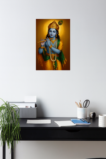 Smeeps Lord Krishna Wall Poster – Divine Murali Krishna Artwork with Peacock Feather & Flute | 30.48 x 45.72 cm Spiritual Home Décor