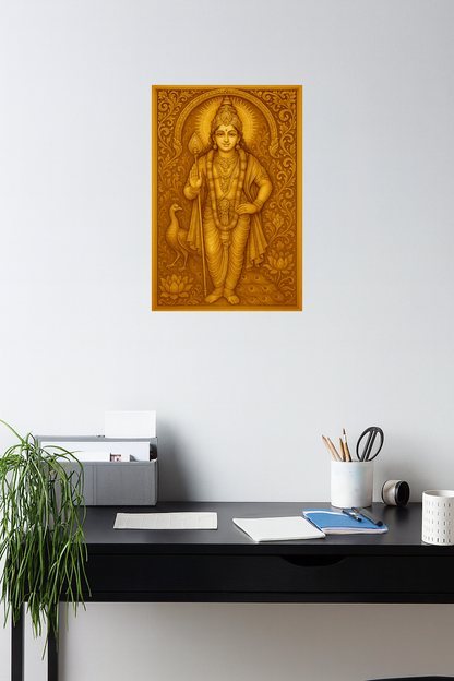 Smeeps Lord Murugan Wall Poster – Divine Subramanya Swamy Artwork with Vel & Peacock | 30.48 x 45.72 cm Spiritual Home & Temple Décor