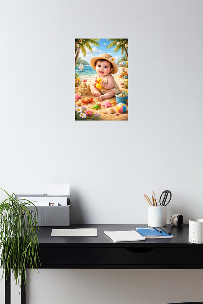 Smeeps Cute Beach Baby Wall Poster – 20.32 × 13.21 cm (8 × 5.2 Inch) Tropical Summer Theme Kids Decorative Poster | 300 GSM Non-Adhesive Nursery & Baby Room Wall Decor Poster for Home, Playroom & Daycare | Pack of 1