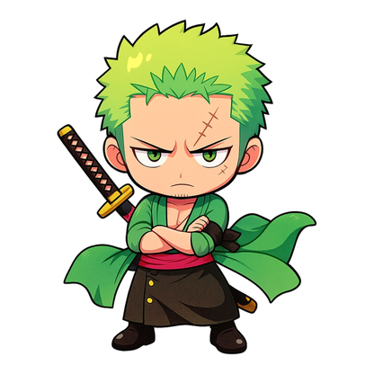 Smeeps Zoro Chibi Sticker – 10.16 x 7.88 cm Samurai Anime Vinyl Decal | Waterproof & UV-Resistant | Car, Bike, Laptop Sticker